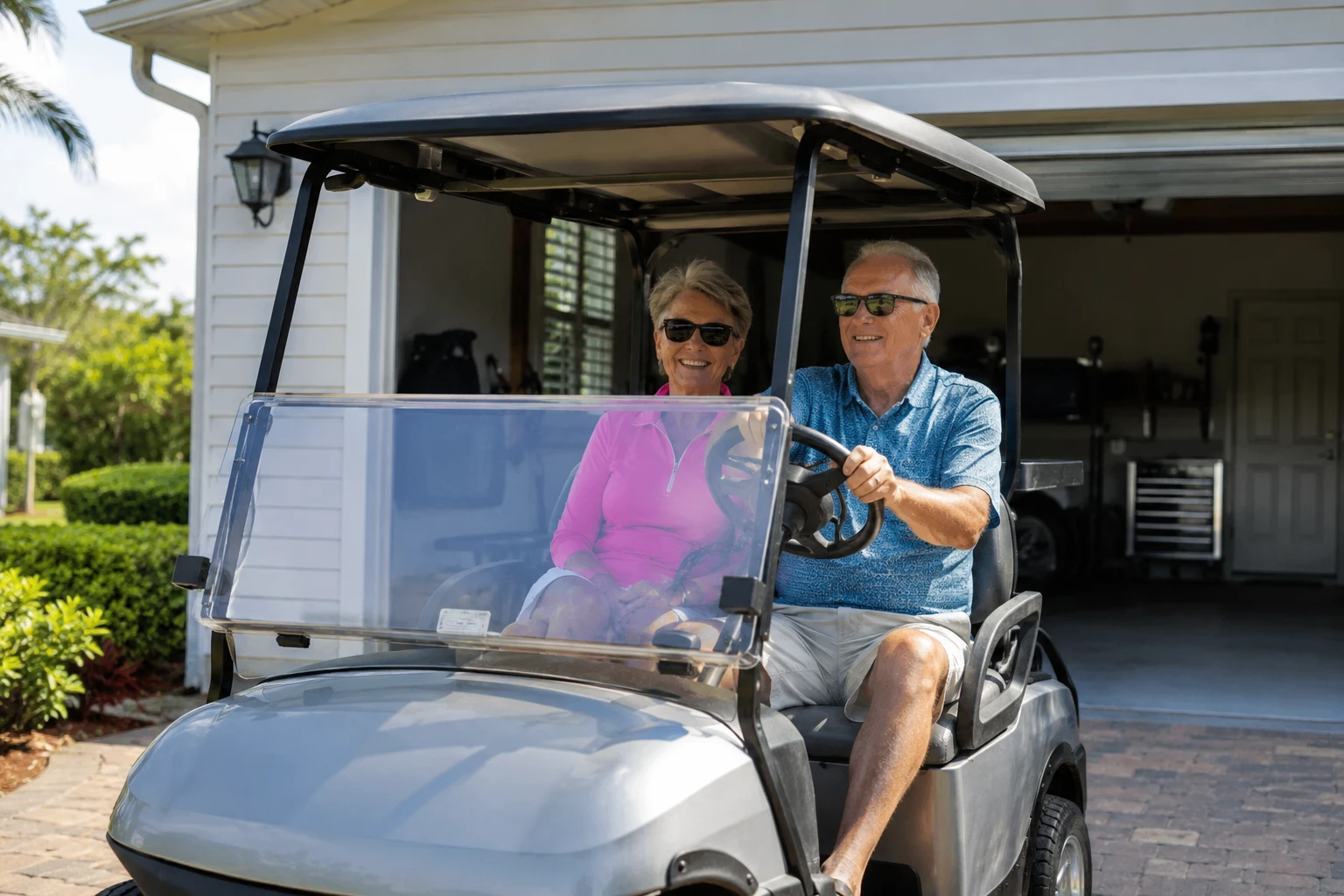 Liberty Savings Bank refinancing — senior couple riding a golf cart at their Florida home
